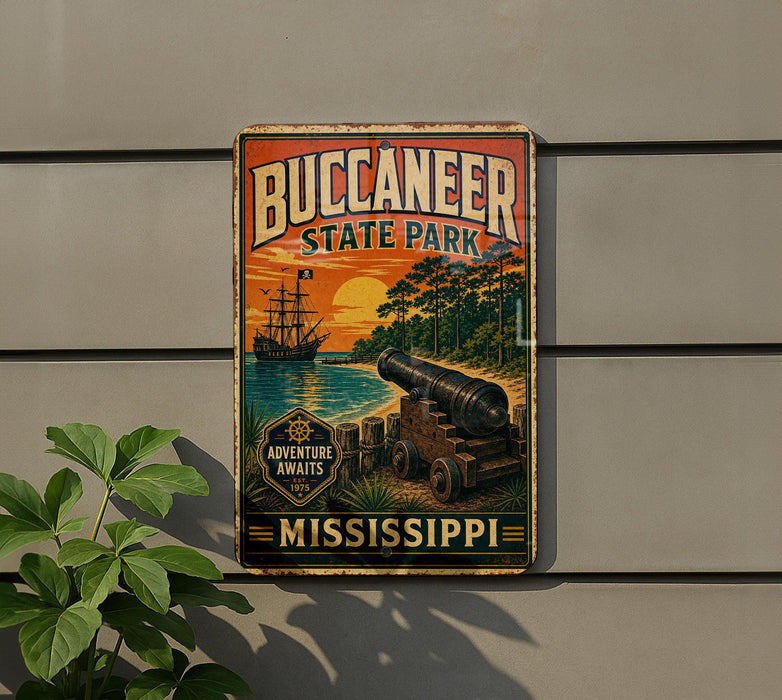 A vintage metal sign for Buccanee State Park, featuring a cannon and a sunset landscape, is displayed on a wall.