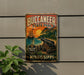 A vintage metal sign for Buccanee State Park, featuring a cannon and a sunset landscape, is displayed on a wall.