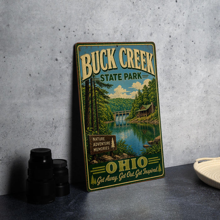 A vintage metal sign for Buck Creek State Park, featuring a scenic landscape with a lake, forest, and bridge.