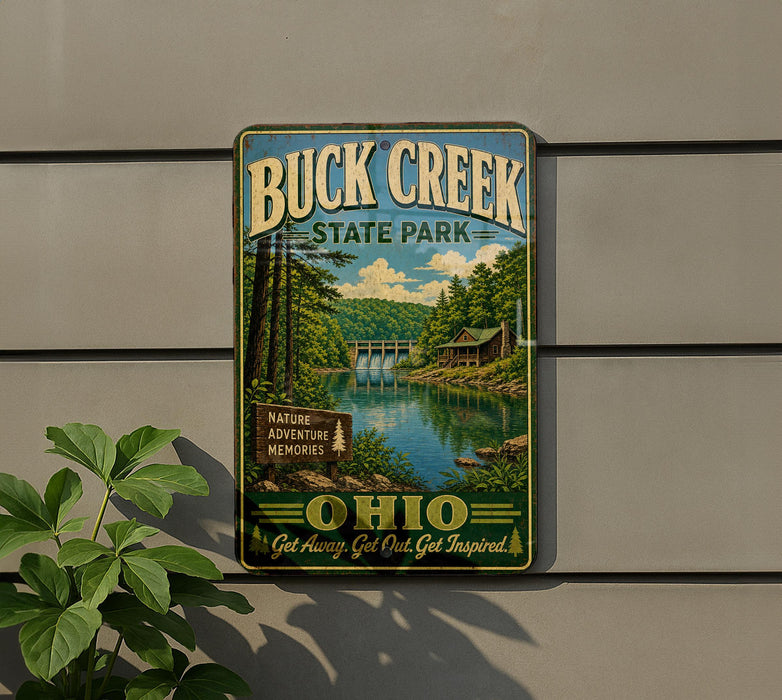 A vintage-style metal sign for Buck Creek State Park in Ohio, featuring a scenic landscape with a lake, forest, and bridge.