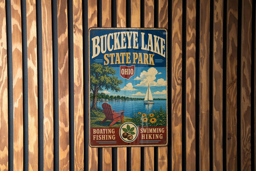 A vintage metal sign for Buckeye Lake State Park, featuring a scenic illustration of a lake, a sailboat, and a chair overlooking the water.