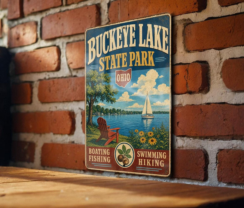 A vintage-style metal sign for Buckeye Lake State Park in Ohio, featuring a scenic illustration of a lake, a sailboat, and a peaceful outdoor setting.