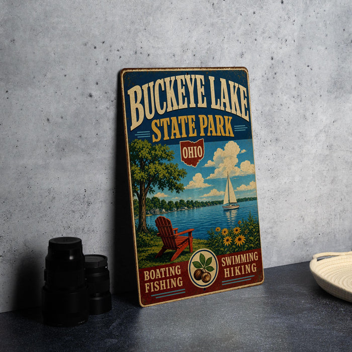 A vintage-style metal sign for Buckeye Lake State Park, featuring illustrations of a lake, a boat, and a chair, along with the text "BOATING FISHING" and "SWIMMING HIKING".