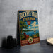 A vintage-style metal sign for Buckeye Lake State Park, featuring illustrations of a lake, a boat, and a chair, along with the text "BOATING FISHING" and "SWIMMING HIKING".