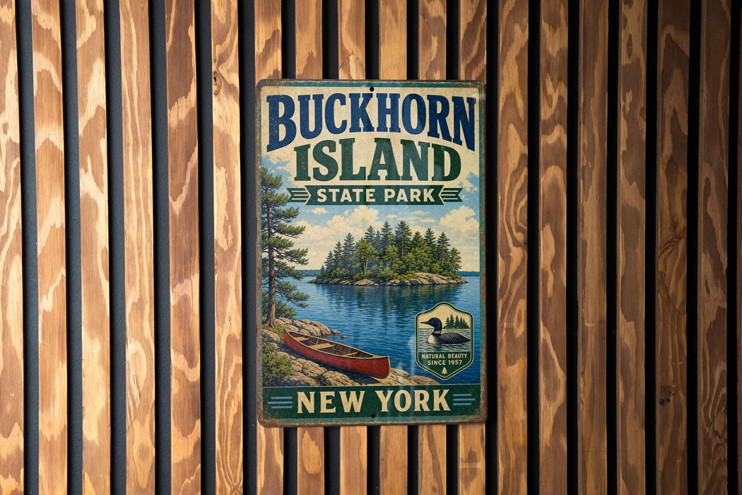 A vintage metal sign for Buckhorn Island State Park in New York, featuring a scenic illustration of a lake, island, and canoe.