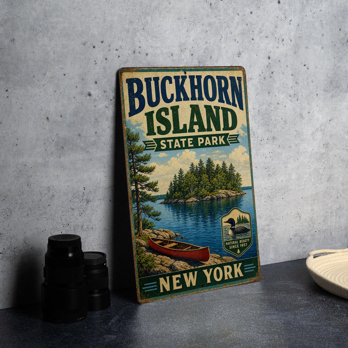 A vintage-style sign for Buckhorn Island State Park in New York, featuring a scenic image of a lake, pine trees, and a canoe.