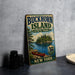 A vintage-style sign for Buckhorn Island State Park in New York, featuring a scenic image of a lake, pine trees, and a canoe.