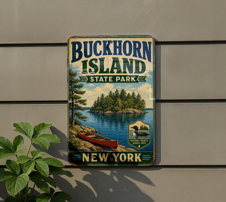 A vintage-style metal sign for Buckhorn Island State Park in New York, featuring a scenic illustration of a lake, trees, and a canoe.