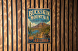 A vintage metal sign for Buckkin Mountain State Park in Arizona, featuring a desert landscape with a cactus and mountains in the background.