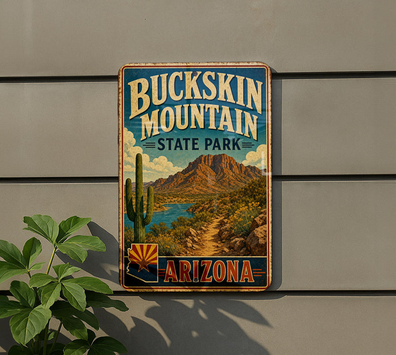A vintage-style metal sign for Buckkins Mountain State Park in Arizona, featuring a desert landscape with a cactus and mountains in the background.