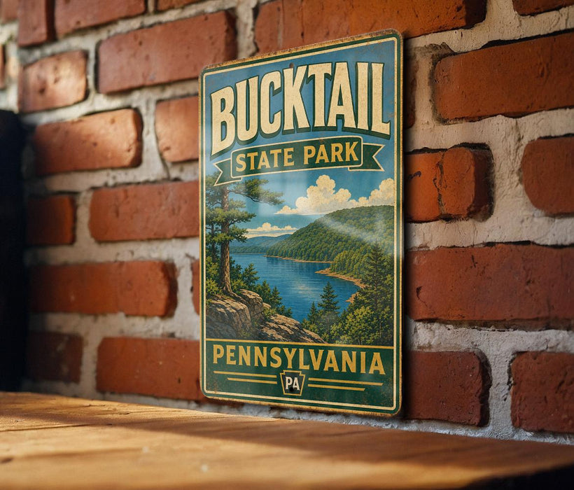 A vintage metal sign for Bucktail State Park in Pennsylvania, featuring a scenic landscape with a lake and mountains.