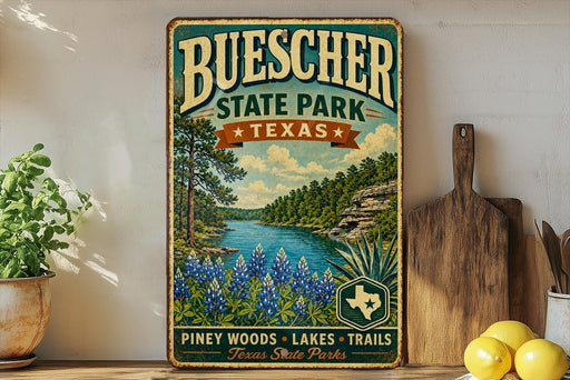 A vintage-style metal sign for Buescher State Park in Texas, featuring a scenic landscape with pine woods, lakes, and trails.