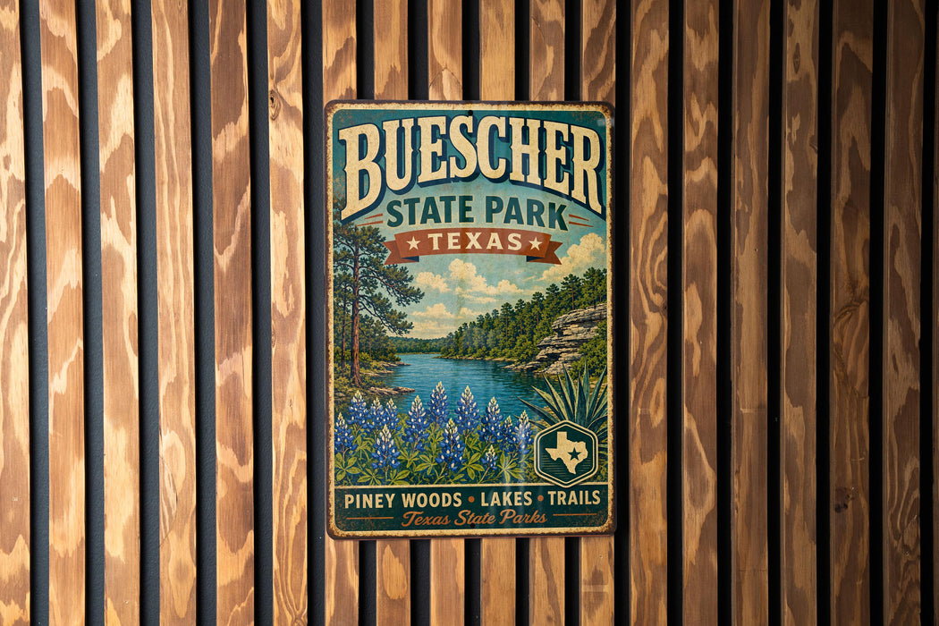 A vintage metal sign for Buescher State Park in Texas, featuring a scenic landscape with pine trees, a river, and blue flowers.