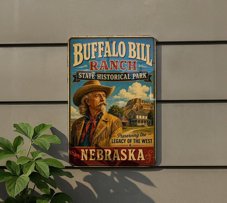 A vintage-style sign for Buffalo Bill Ranch State Historical Park in Nebraska, featuring a cowboy illustration and the text "Buffalo Bill Ranch State Historical Park" and "Preserving the Legacy of the West Nebraska".