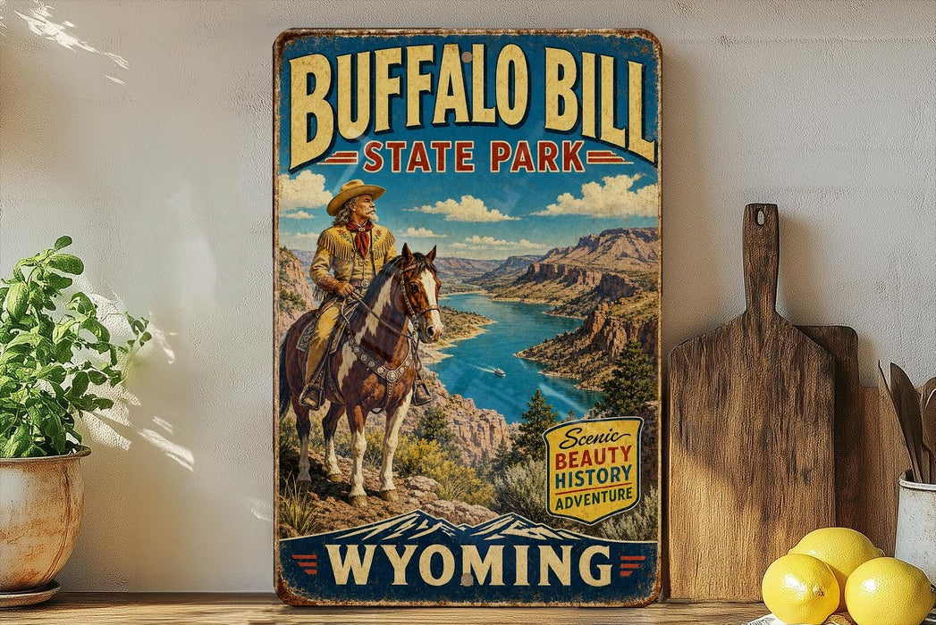 A vintage-style sign for Buffalo Bill State Park in Wyoming, featuring a cowboy on horseback in a scenic landscape.