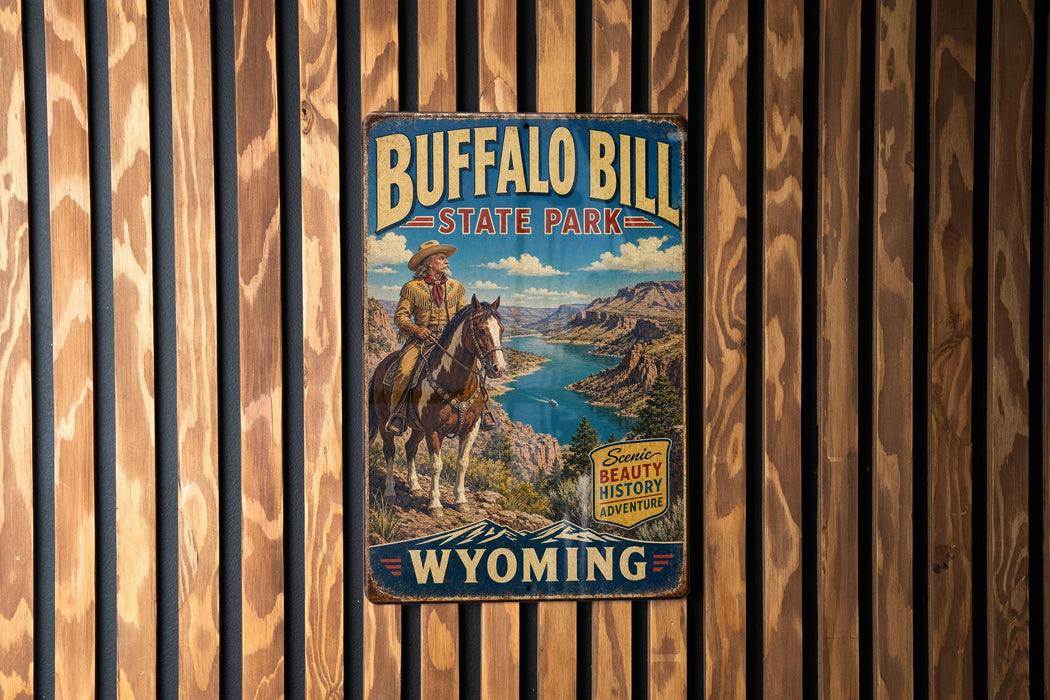 A vintage metal sign for Buffalo Bill State Park in Wyoming, featuring a cowboy on horseback and a scenic landscape.