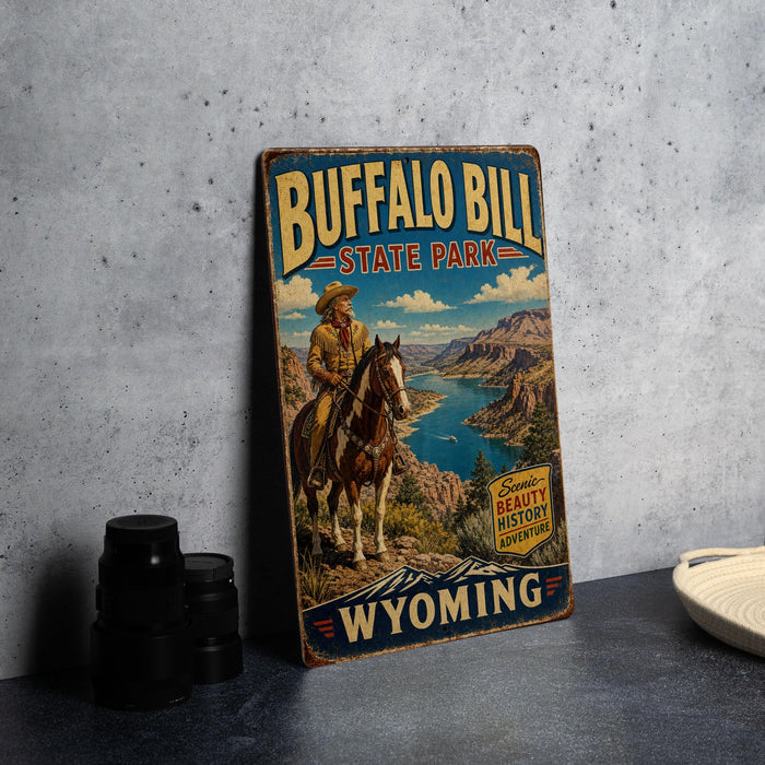 A vintage-style metal sign for Buffalo Bill State Park in Wyoming, featuring a cowboy on horseback and a scenic landscape.