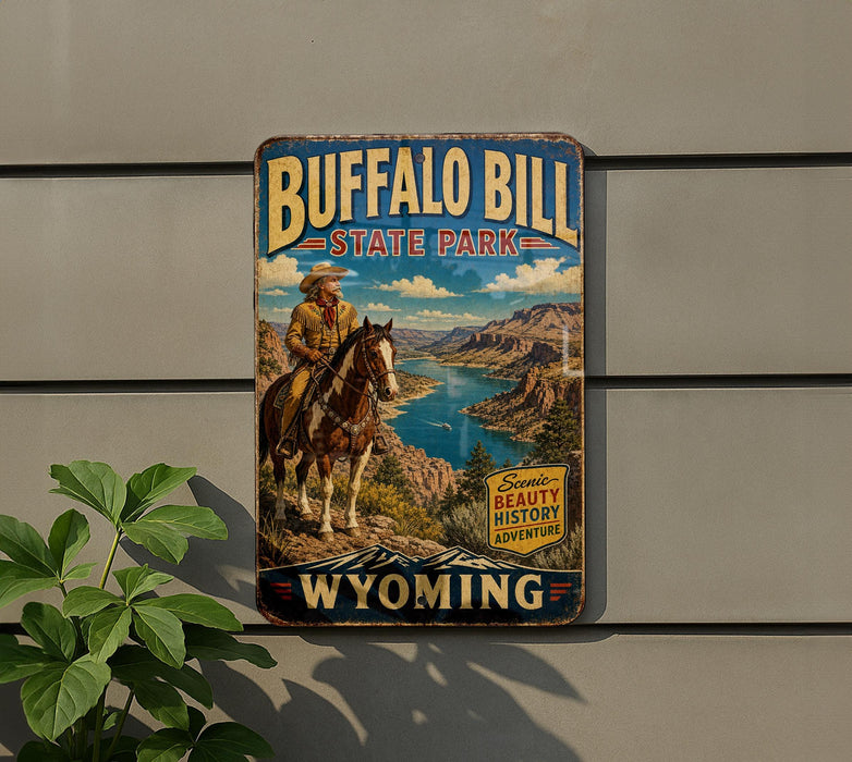 A vintage-style metal sign for Buffalo Bill State Park in Wyoming, featuring a cowboy on horseback and a scenic landscape.