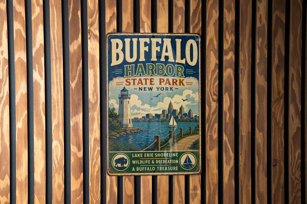 A vintage-style metal sign for Buffalo Harbor State Park in New York, featuring a lighthouse and a cityscape, mounted on a wooden wall.