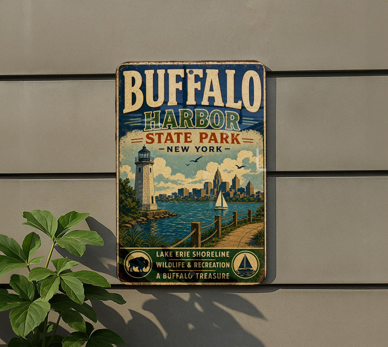A vintage-style metal sign for Buffalo Harbor State Park, featuring a lighthouse, a city skyline, and a path leading to the lake.