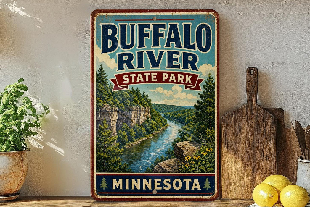A vintage-style sign for Buffalo River State Park in Minnesota, featuring a scenic illustration of the river surrounded by lush greenery and rocky cliffs.