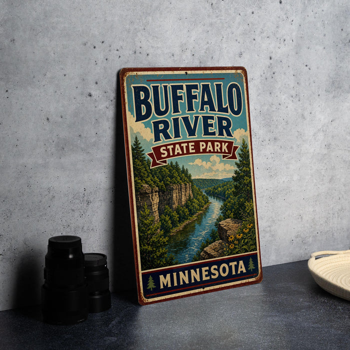 A vintage-style metal sign for Buffalo River State Park in Minnesota, featuring a scenic illustration of the river surrounded by lush green forests.
