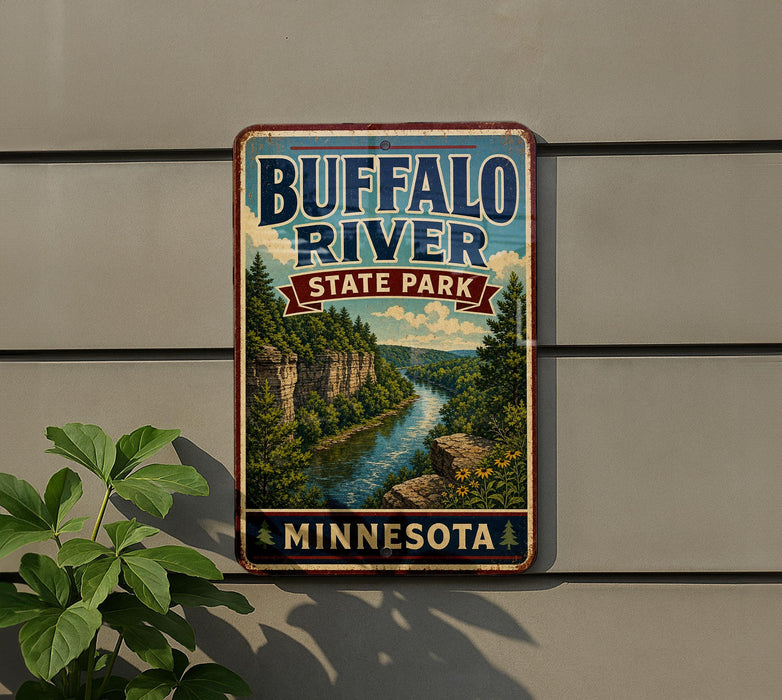A vintage-style sign for Buffalo River State Park in Minnesota, featuring a scenic illustration of the river surrounded by lush greenery and rocky cliffs.