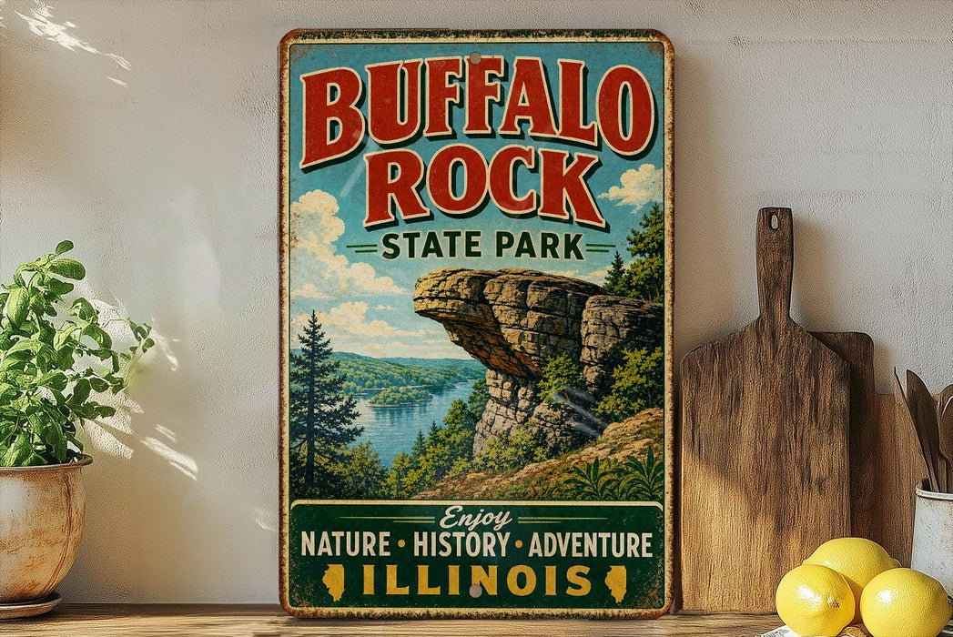 A vintage-style sign for Buffalo Rock State Park in Illinois, featuring a scenic landscape with a cliff and lake.