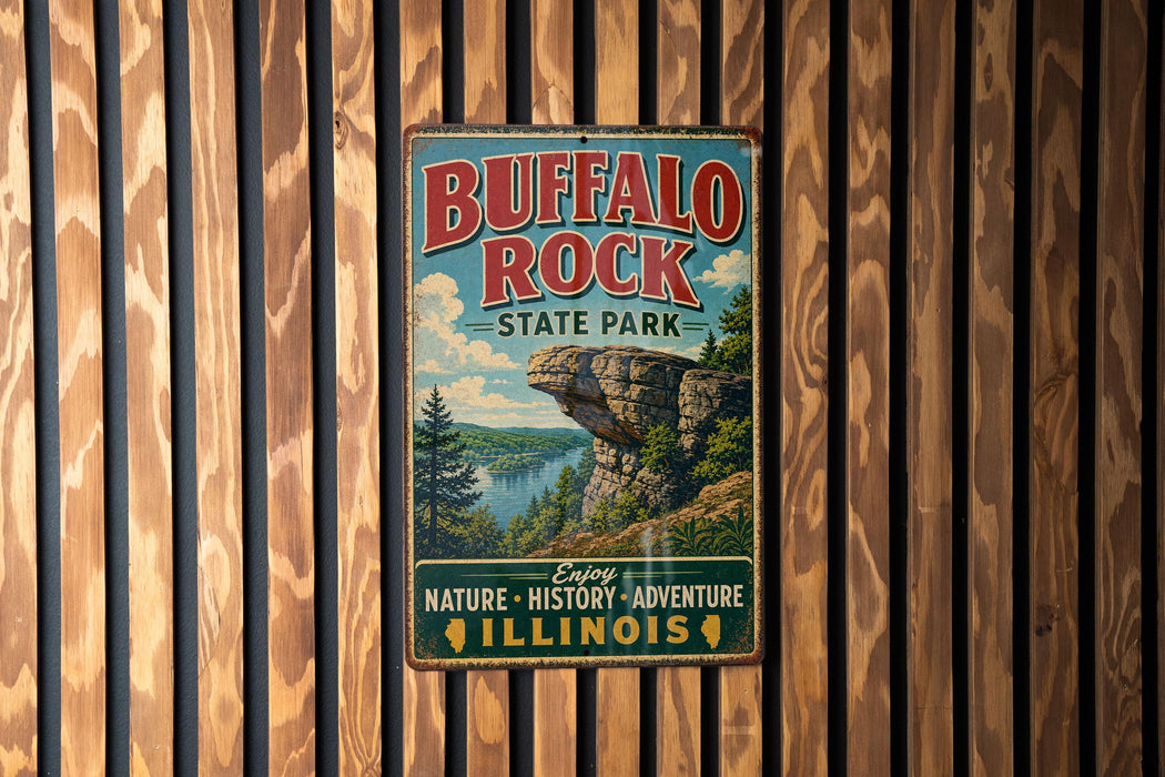 A vintage metal sign for Buffalo Rock State Park in Illinois, featuring a scenic landscape with a cliff and a lake.