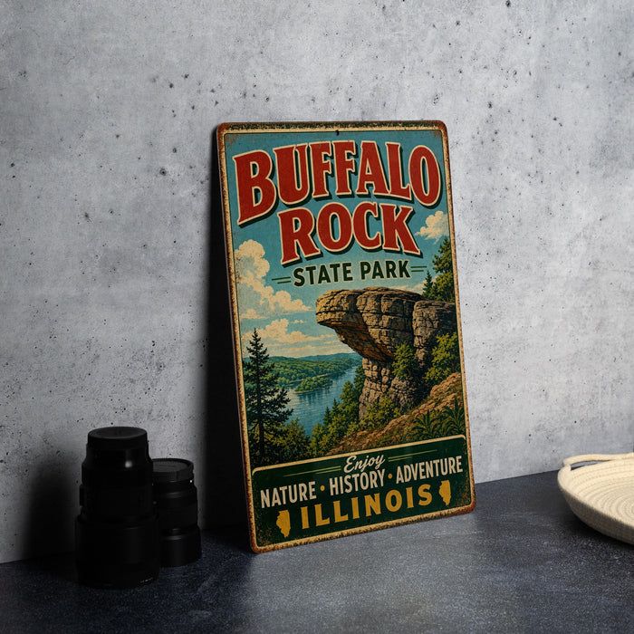 A vintage-style sign for Buffalo Rock State Park in Illinois, featuring a scenic landscape with a cliff and a lake.