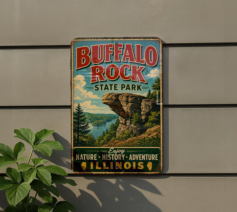 A vintage-style metal sign for Buffalo Rock State Park, featuring a scenic landscape with a cliff and a lake, mounted on a wall.
