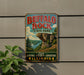 A vintage-style metal sign for Buffalo Rock State Park, featuring a scenic landscape with a cliff and a lake, mounted on a wall.