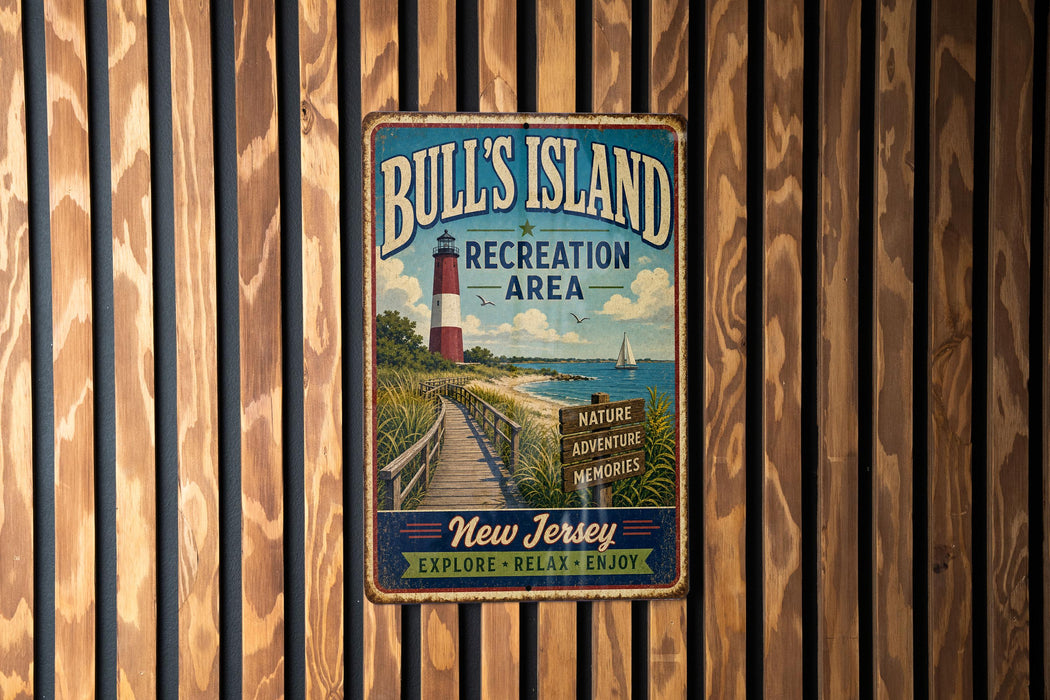 A vintage metal sign for Bull's Island Recreation Area in New Jersey, featuring a lighthouse and a wooden walkway leading to a beach.