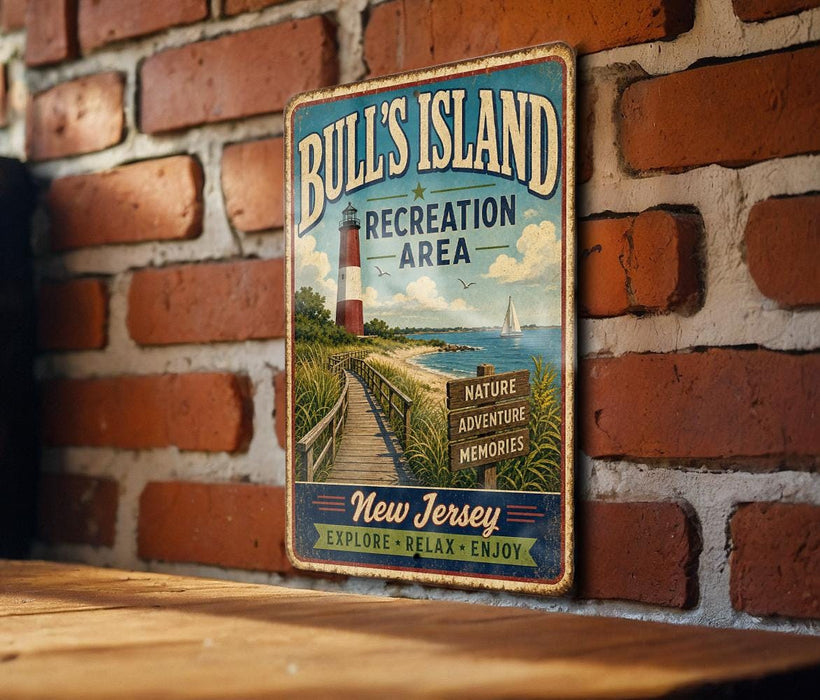 A vintage-style metal sign for Bull's Island Recreation Area in New Jersey, featuring a lighthouse, a wooden walkway, and a sign for nature, adventure, and memories.