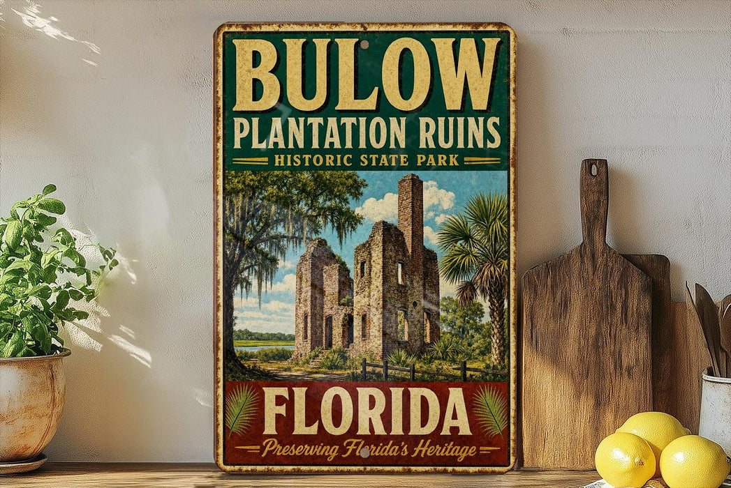 A vintage-style sign for Bulow Plantation Ruins Historic State Park in Florida, featuring a picture of the ruins and the text "Bulow Plantation Ruins Florida Preserving Florida's Heritage".