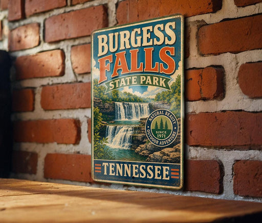 A vintage-style sign for Burgess Falls State Park in Tennessee, featuring a waterfall and lush greenery.