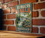 A vintage-style sign for Burgess Falls State Park in Tennessee, featuring a waterfall and lush greenery.