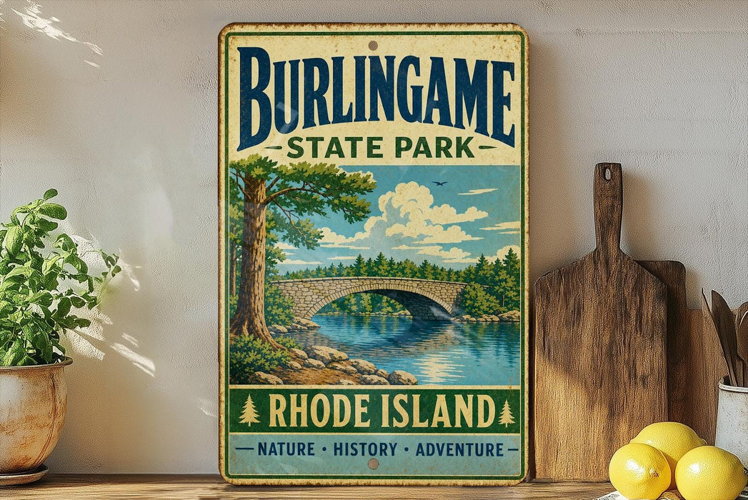 A vintage metal sign for Burlingame State Park, featuring a scenic illustration of a bridge over a river surrounded by nature, with the text "Burlingame State Park" and "RhoDE ISLAND" prominently displayed.