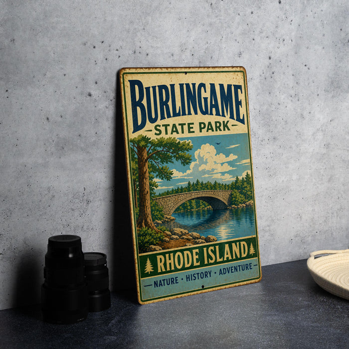 A vintage-style sign for Burlingame State Park, Rhode Island, featuring a scenic illustration of a bridge over a river surrounded by trees and mountains.