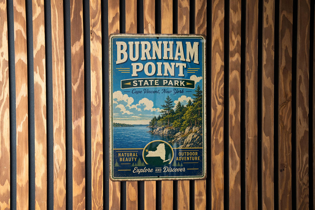 A vintage metal sign for Burnham Point State Park in New York, featuring a scenic landscape with a lake, mountains, and pine trees.