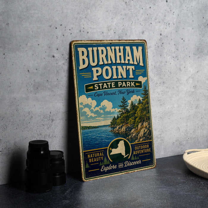 A vintage-style metal sign for Burnham Point State Park, featuring a scenic landscape with a body of water and mountains in the background.
