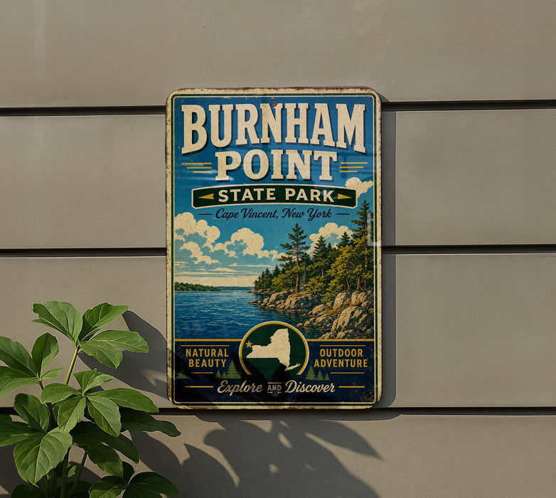 A vintage-style sign for Burnham Point State Park in New York, featuring a scenic landscape with a body of water, trees, and mountains.