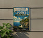A vintage-style sign for Burnham Point State Park in New York, featuring a scenic landscape with a body of water, trees, and mountains.
