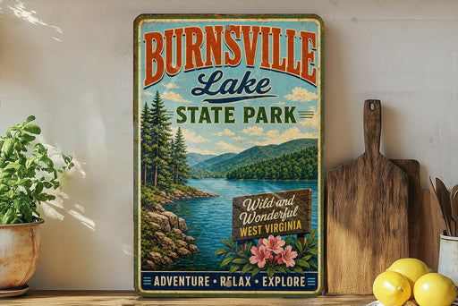 A vintage-style metal sign for Burnsville Lake State Park, featuring a scenic landscape with mountains, a lake, and pine trees. The sign also includes the text "Wild and Wonderful West Virginia" and "Adventure Relax Explore".