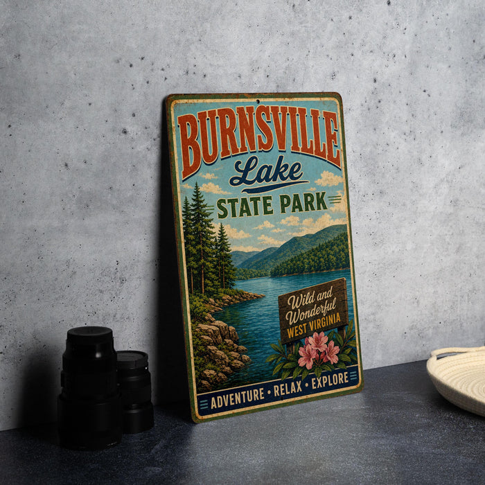 A vintage-style metal sign for Burnsville Lake State Park, featuring a scenic landscape with pine trees, a lake, and mountains.