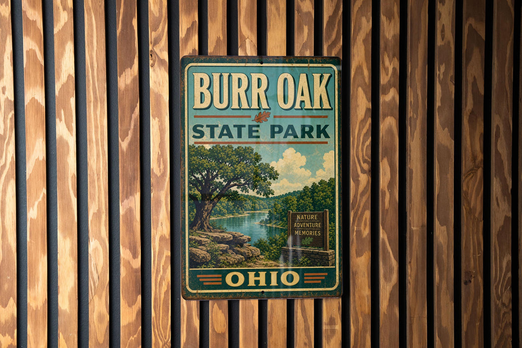 A vintage metal sign for Burr Oak State Park in Ohio, featuring a scenic illustration of a river and trees.