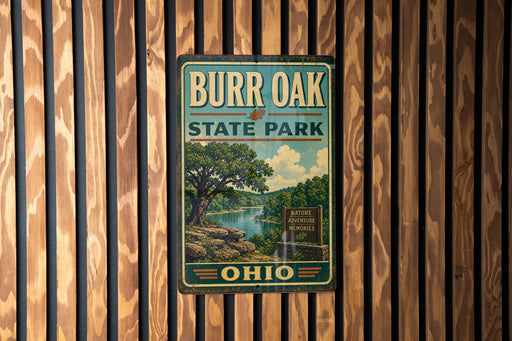 A vintage metal sign for Burr Oak State Park in Ohio, featuring a scenic illustration of a river and trees.