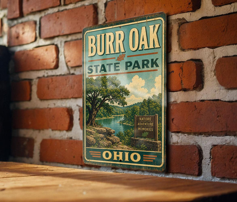 A vintage metal sign for Burr Oak State Park in Ohio, featuring a scenic landscape with a lake and trees.