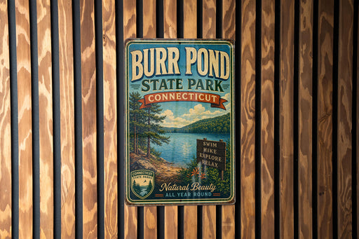 A vintage metal sign for Burr Pond State Park in Connecticut, featuring a scenic landscape with a lake and mountains.