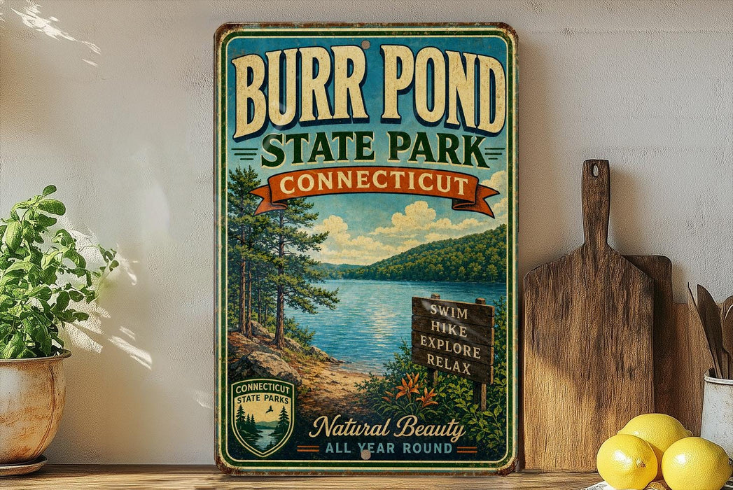 A vintage-style sign for Burr Pond State Park in Connecticut, featuring a scenic landscape with a lake and forest.